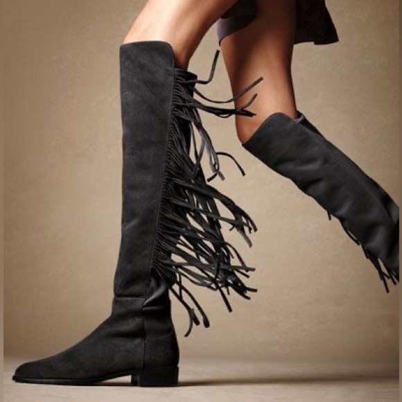 Stuart Weitzman Shoes - Stuart Weitzman Mane Fringe Black Suede Knee Boot size 6